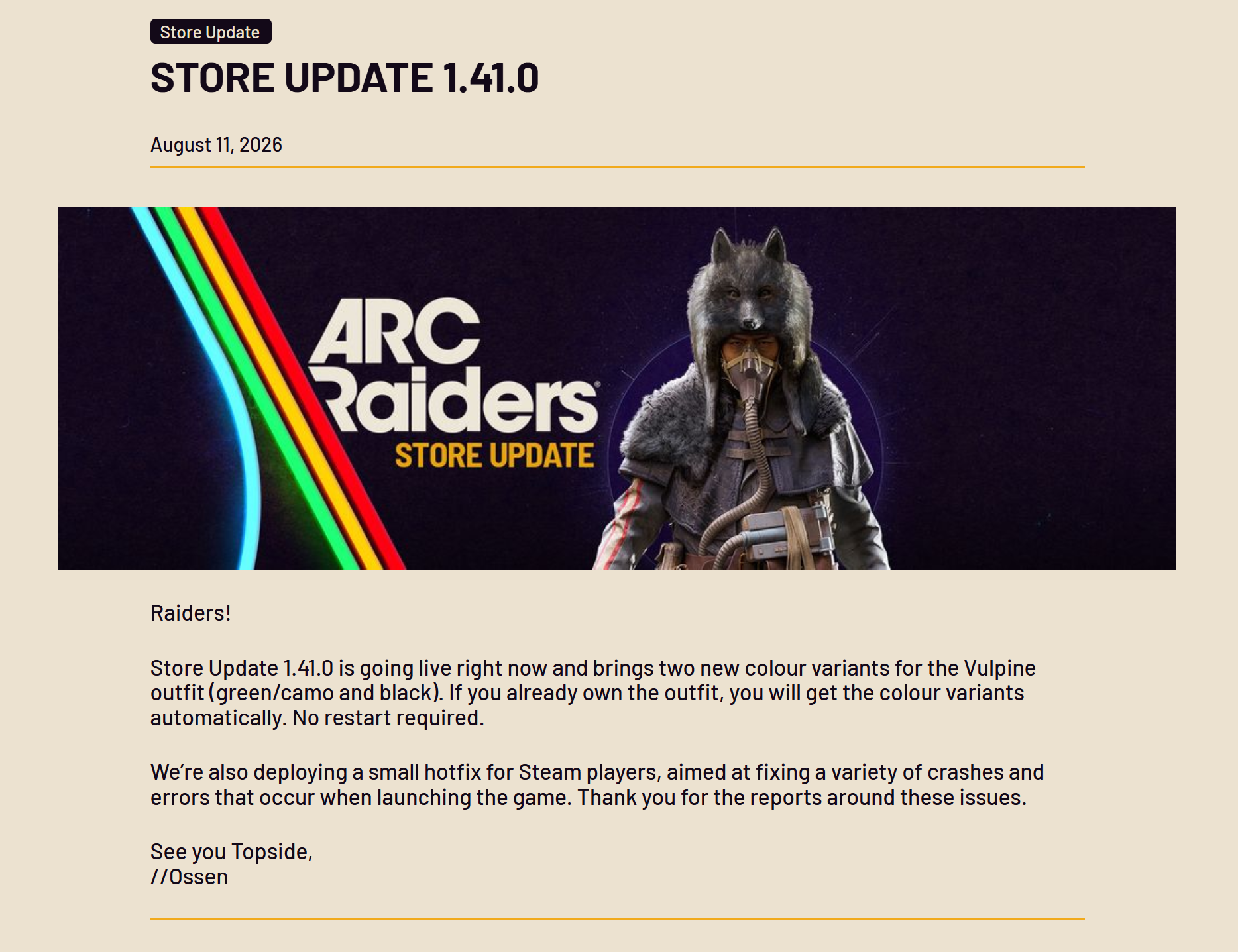 【ARC Raiders】ストア更新1.41.0、ヴァルパイン衣装に緑迷彩＆黒が追加