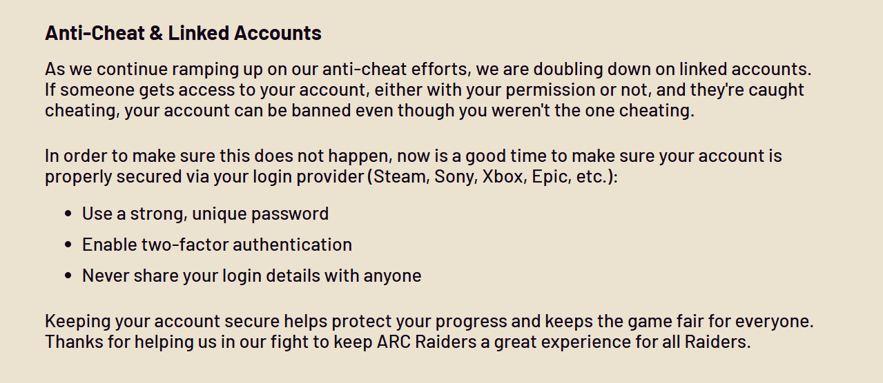 【ARC Raiders】自分がチートしてなくてもBAN対象に、連携アカウントの取り締まり厳格化