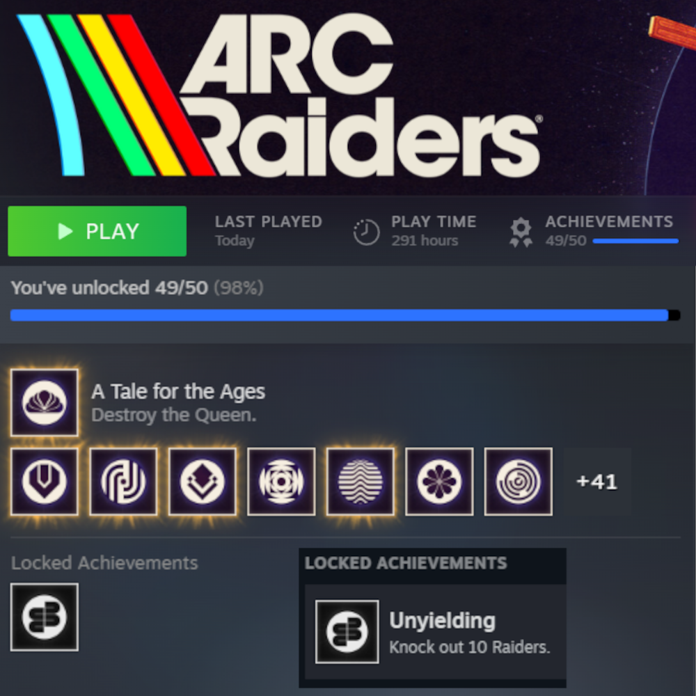 【ARC Raiders】291時間で実績49/50の平和主義者、「10人ノックアウト」だけ残る