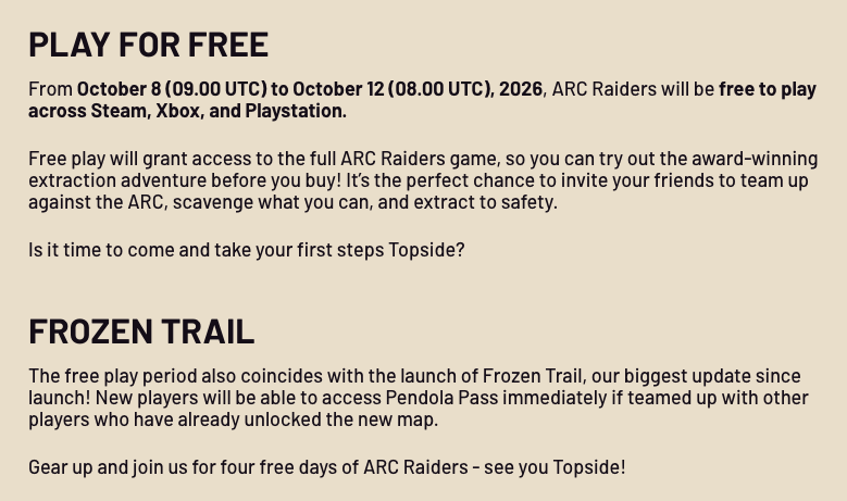 【ARC Raiders】10月8日から4日間の無料開放が決定、新マップも同時に開幕